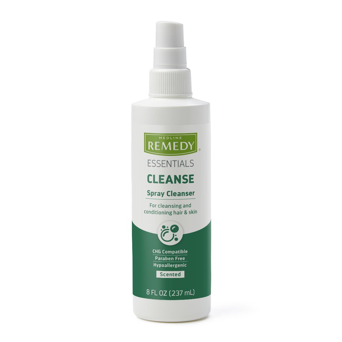 Spray skin cleanser in a white 8 fl oz pump bottle with green and white label reading Remedy Essentials Cleanse
