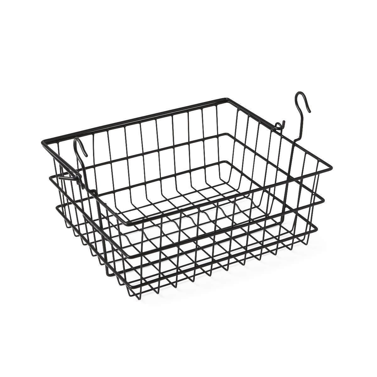Rollator basket in black metal wire construction with two J-shaped mounting hooks on opposite sides