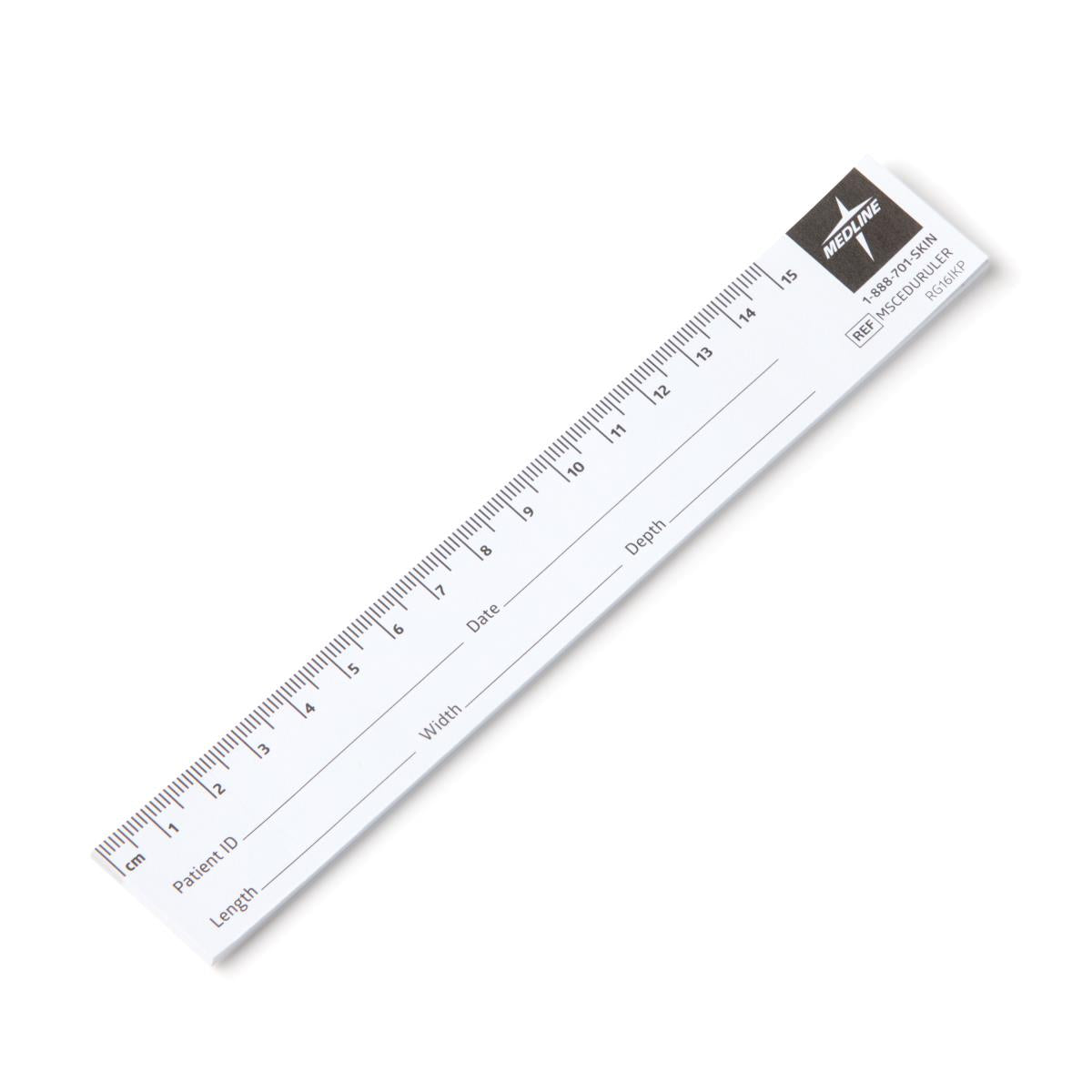 Wound measuring paper ruler with centimeter scale and fields for patient ID, length, width, depth, and date