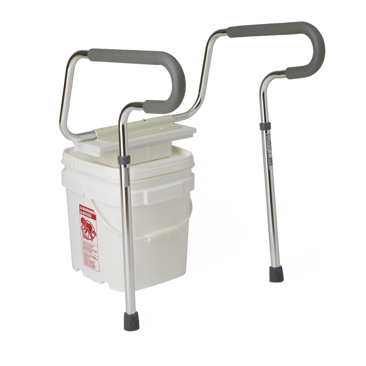 Foldable toilet safety rails with gray padded handles and chrome legs shown assembled on toilet and detached side by side