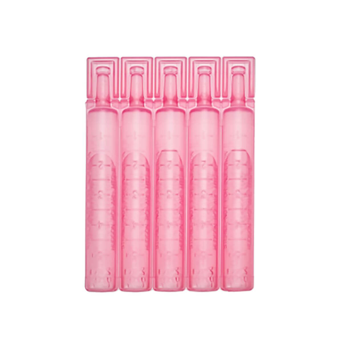 Sterile saline solution vials, set of five pink plastic 15ml twist-open ampules with graduated markings, connected at top