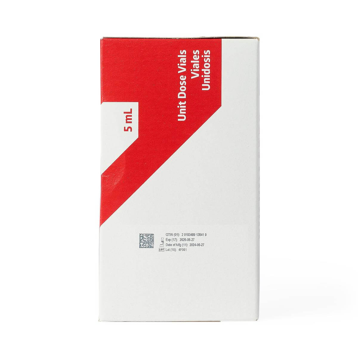 Unit dose vials box with red and white diagonal design, labeled 5 mL sterile saline solution