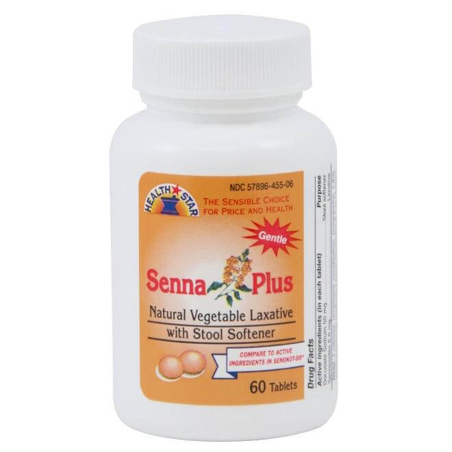 Senna-S natural vegetable laxative with stool softener tablets, 60-count white bottle with orange label
