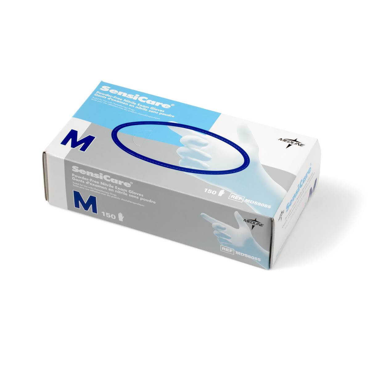 Box of SensiCare powder-free nitrile exam gloves, medium size, 150 count, blue and white packaging