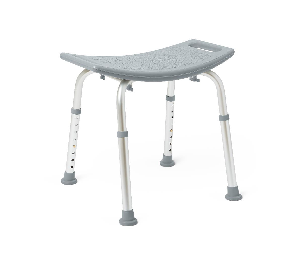 Bath bench without back featuring a gray textured seat, aluminum frame, height-adjustable legs, and non-slip rubber feet