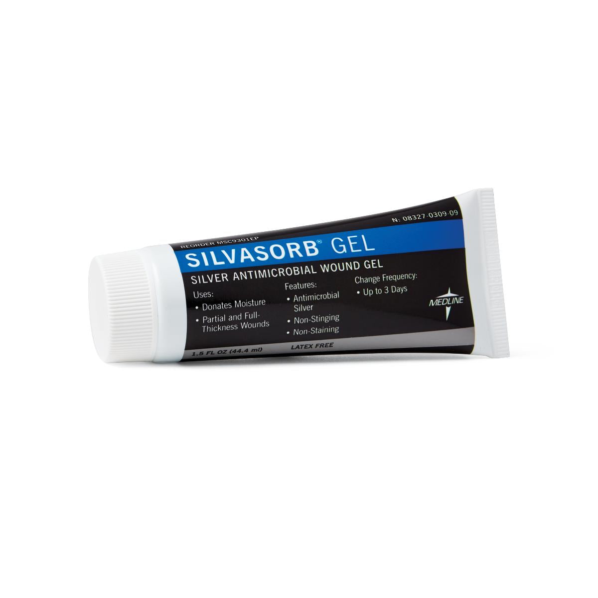 Wound gel tube with black and blue label, white cap, lying on its side against a white background