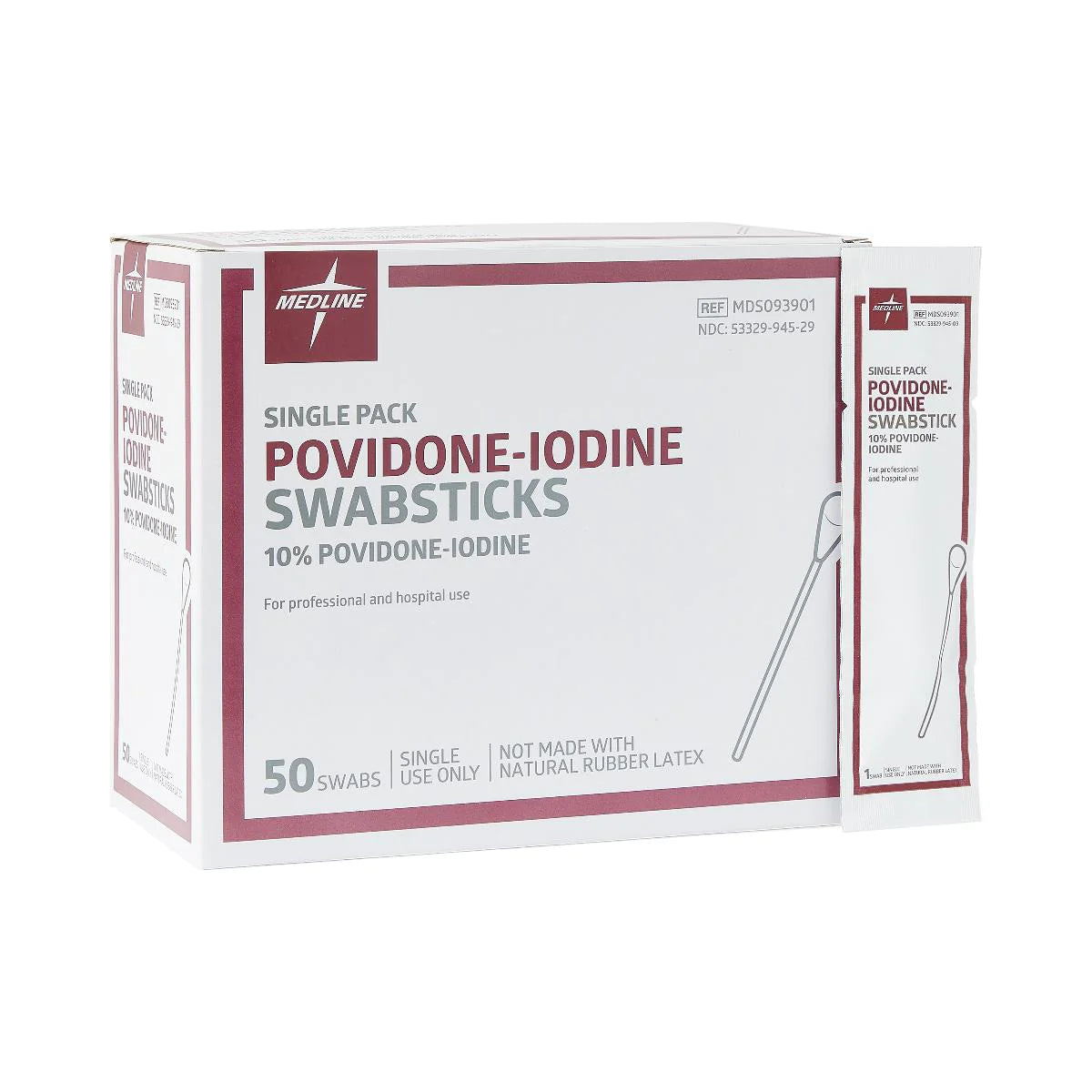 Povidone-iodine swabsticks box of 50 single-use packets with one individual packet shown beside it