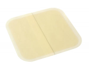 Hydrocolloid wound dressing with center crease, cream-colored, square shape with rounded corners on white background