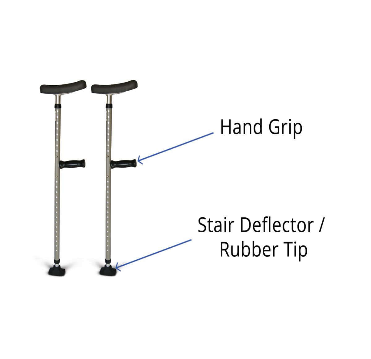 Pair of steel single-tube underarm crutches with padded tops, hand grips, and rubber stair deflector tips, shown with