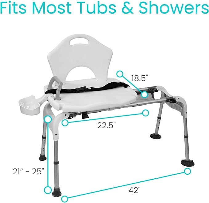Sliding shower transfer bench with adjustable legs, contoured seat, safety belt, back, and soap caddy, with dimension