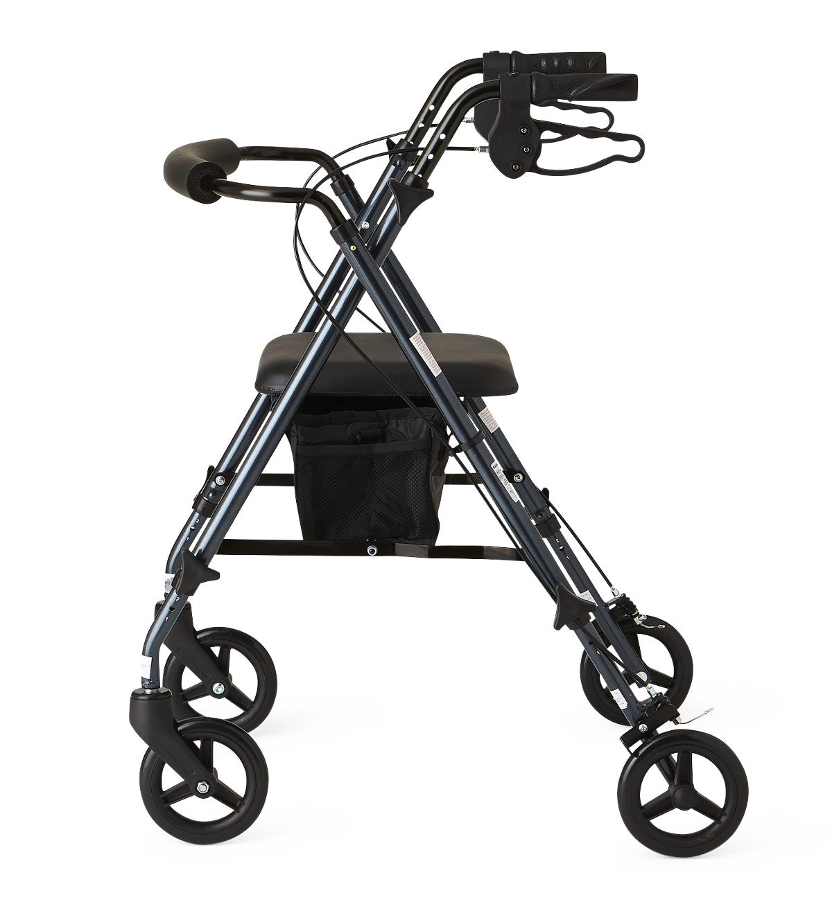 Rollator walker with dark blue frame, padded seat, hand brakes, mesh underseat bag, and four black wheels, side view