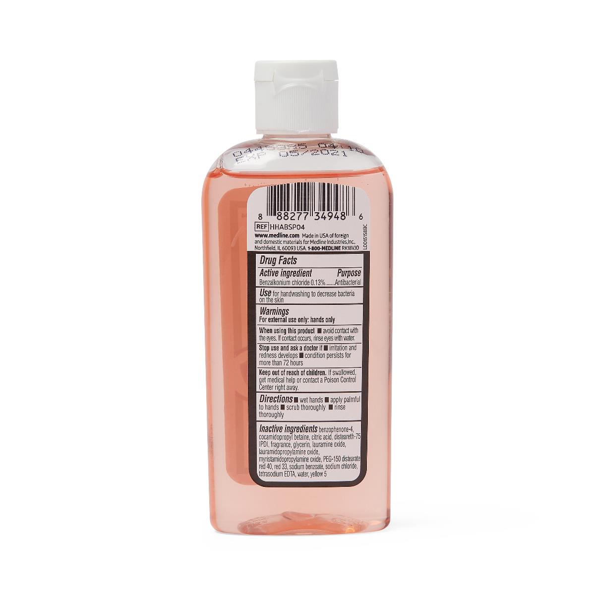 Antibacterial liquid hand soap in a small clear bottle with pink soap visible and Drug Facts label on back, white flip cap