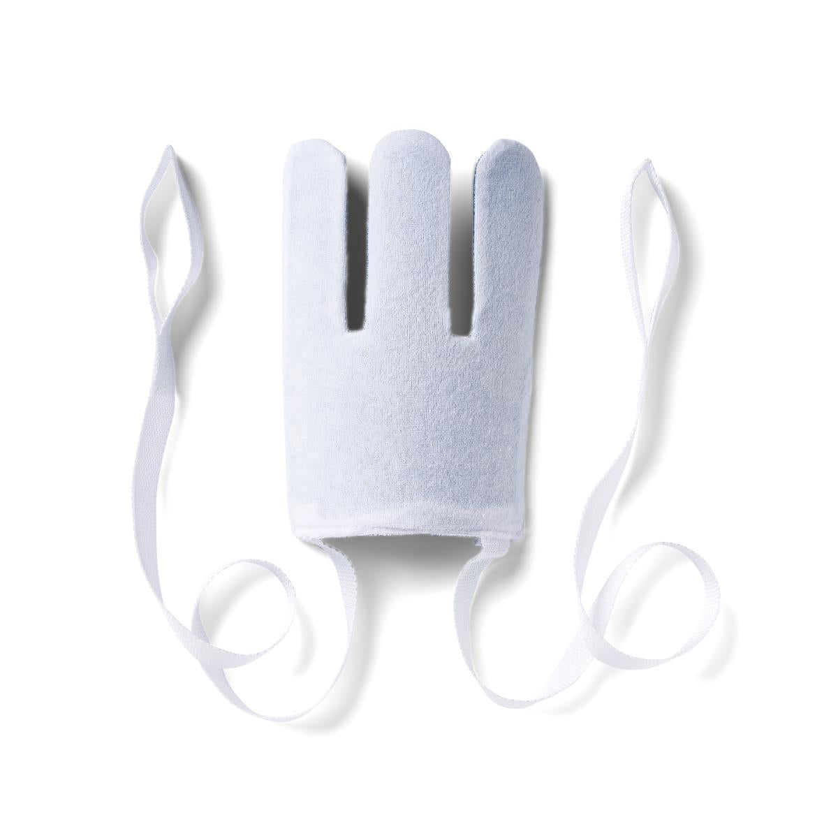 Sock and stocking aid with white padded fabric foot form and four long tie straps, shown flat on white background
