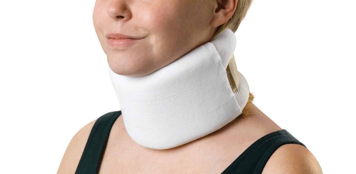 Cervical collar soft foam neck brace worn by a woman, shown in white with a wrap-around fit