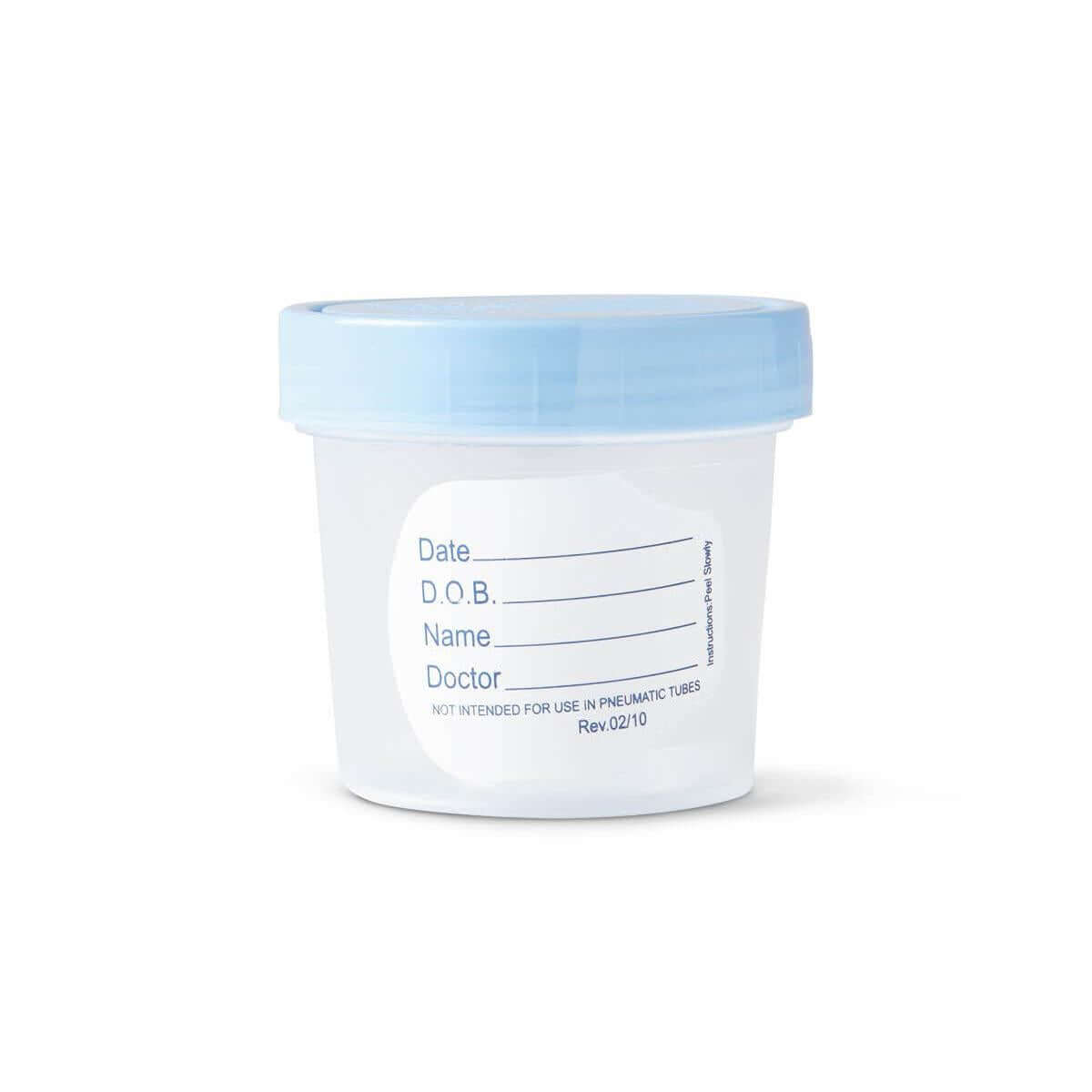 Specimen container with light blue screw-on lid and white label showing fields for date, DOB, name, and doctor