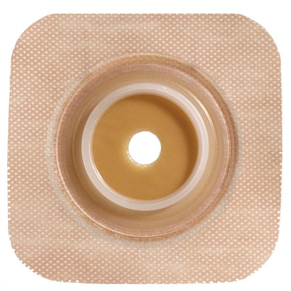Ostomy skin barrier with convex wafer, tan hydrocolloid adhesive, raised flange, and pre-cut central stoma opening, viewed