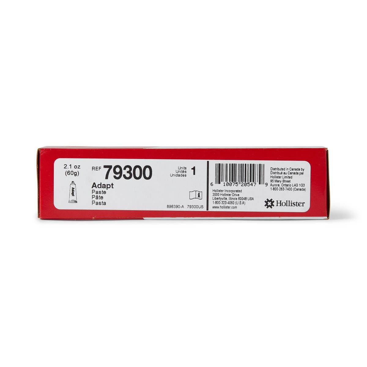Hollister Adapt ostomy paste in a red and white box, side panel showing REF 79300 and 2.1 oz net weight