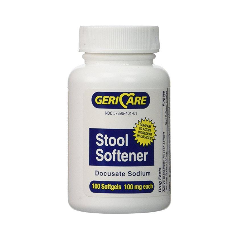 Stool softener docusate sodium softgels in a white plastic bottle with blue and yellow GeriCare label, 100 count