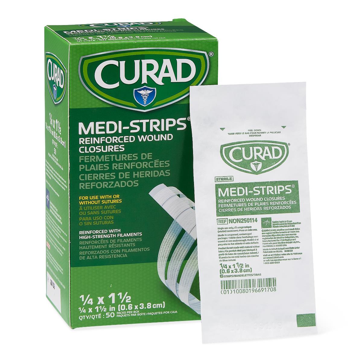 Curad Medi-Strips reinforced wound closure strips in green box with one sterile individual packet displayed in front