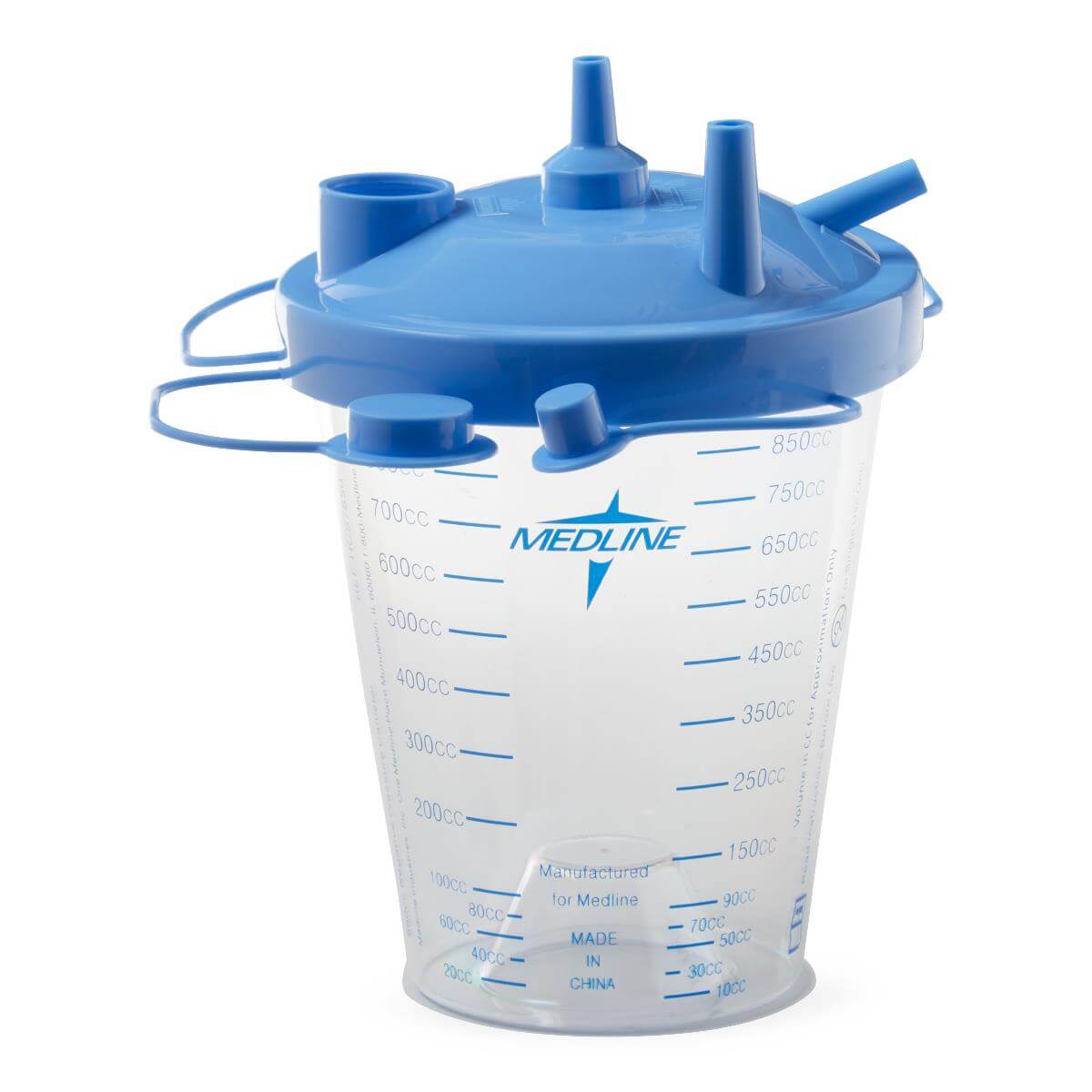Suction canister with blue float lid and multiple ports, clear graduated container marked up to 850cc