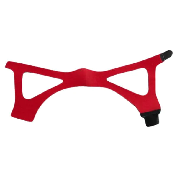 Chinstrap with red fabric body, cutout wing design, and black adjustable end clips, shown flat against white background
