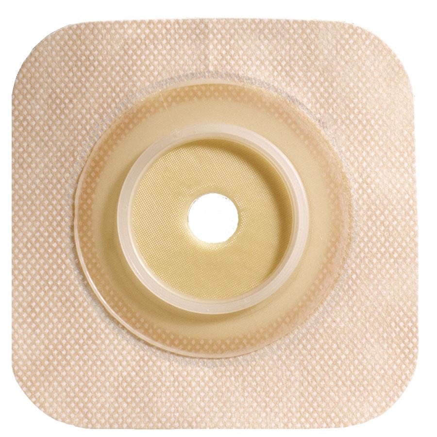 Ostomy skin barrier wafer with convex hydrocolloid center, small pre-cut stoma opening, and tan flexible adhesive flange