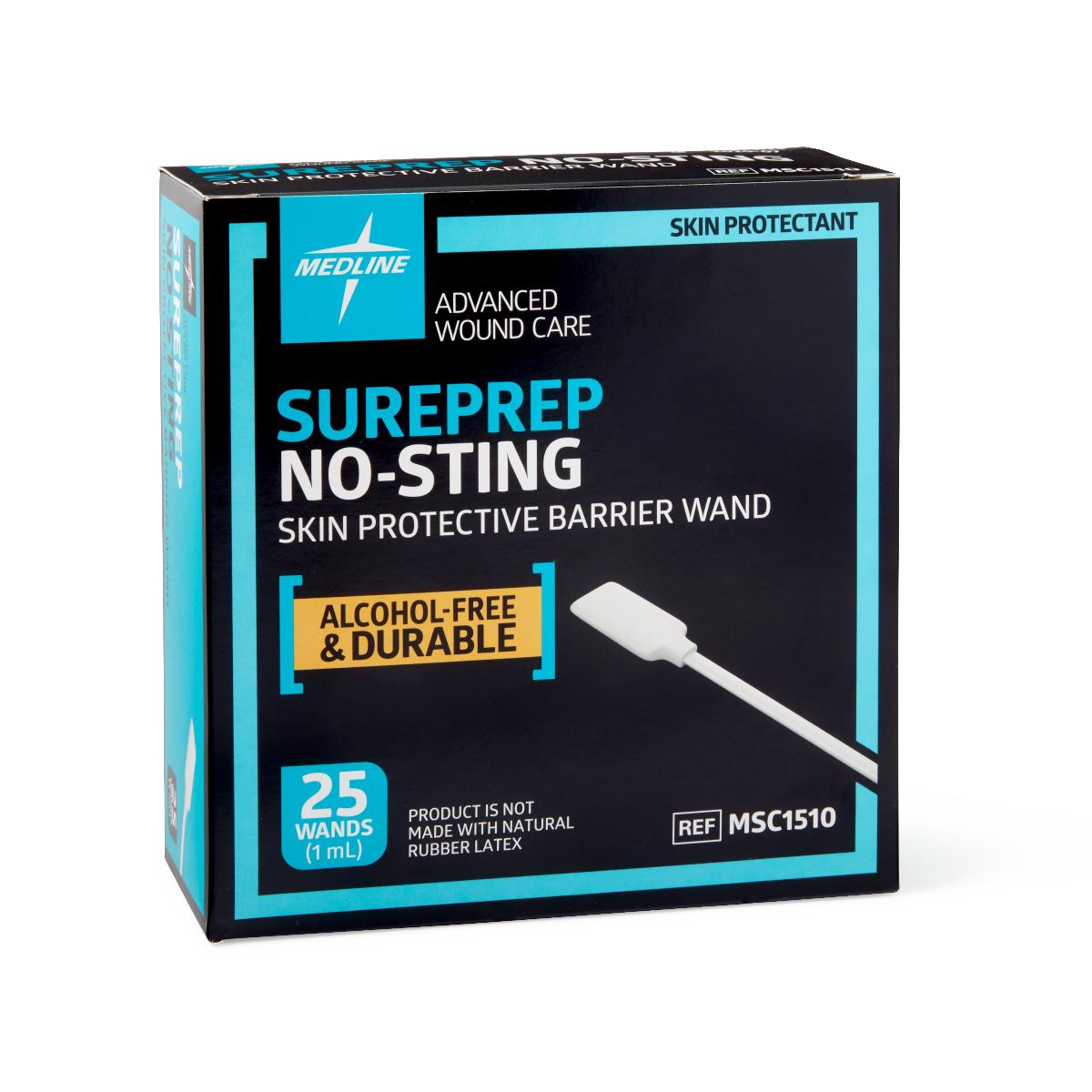 Skin protective barrier wand box of 25 by Medline, black and teal packaging labeled alcohol-free and durable