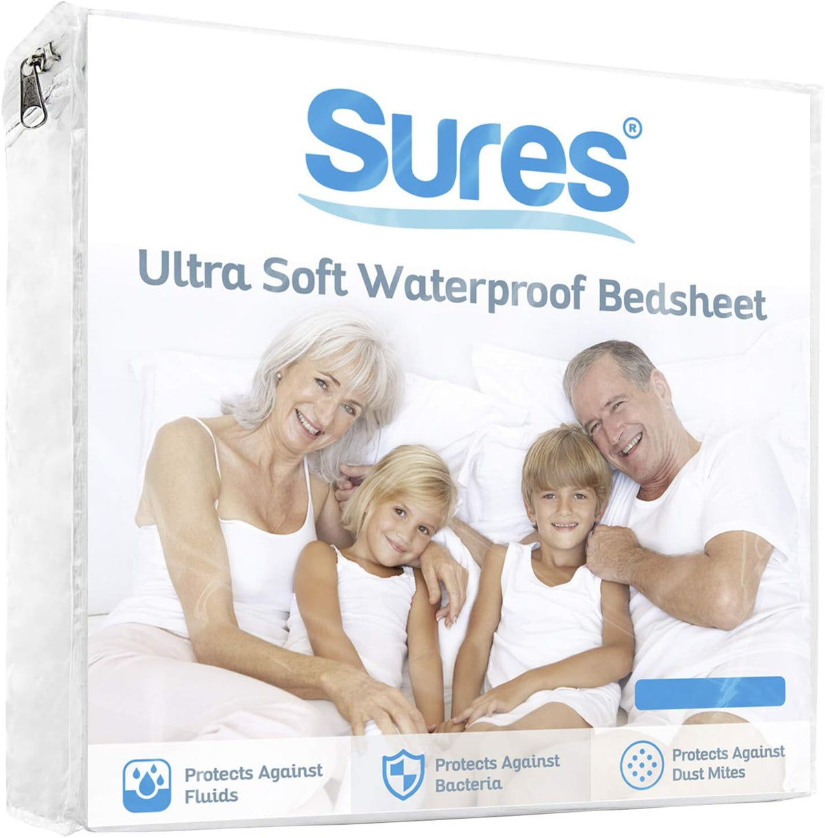 Sures waterproof bedsheet packaging showing two grandparents and two children smiling on a white bed