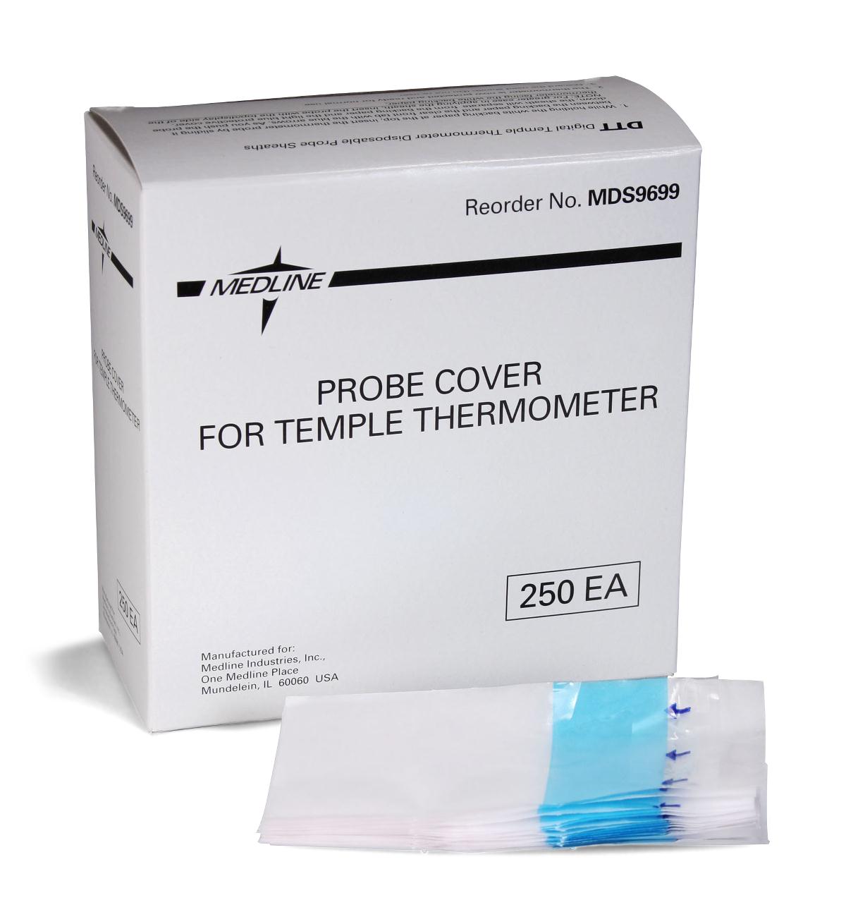 Thermometer probe covers in white box labeled 250 count, with several individually wrapped clear plastic sheaths shown in