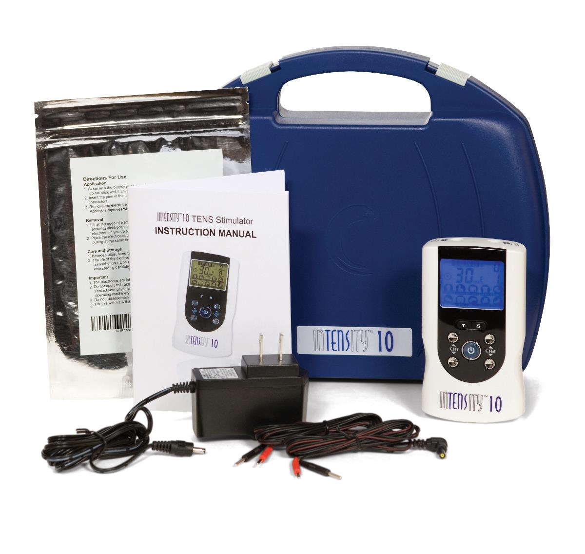 TENS unit kit with blue carrying case, handheld stimulator device, lead wires, AC adapter, electrode pack, and instruction