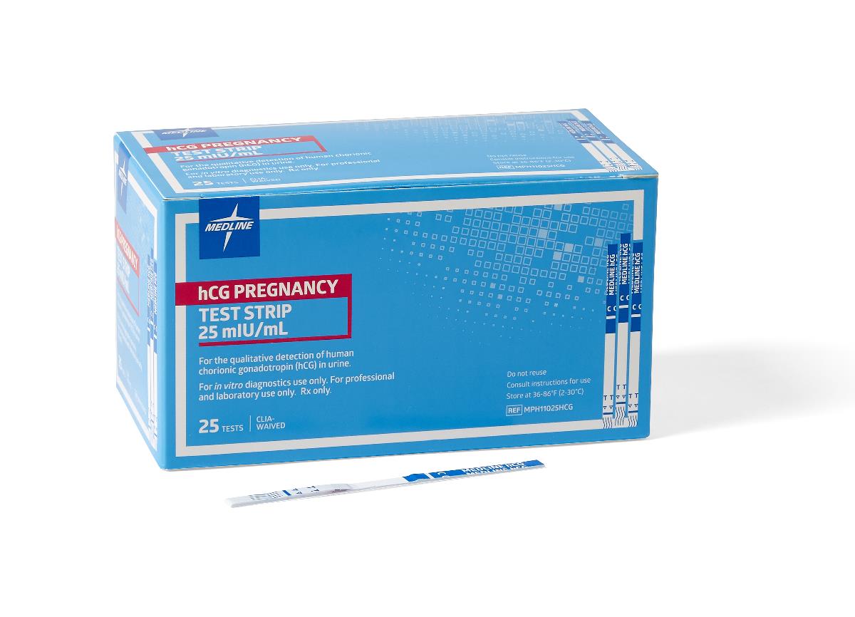 Pregnancy test strip box labeled hCG Pregnancy Test Strip 25 mIU/mL, shown with individual test strips beside the blue box