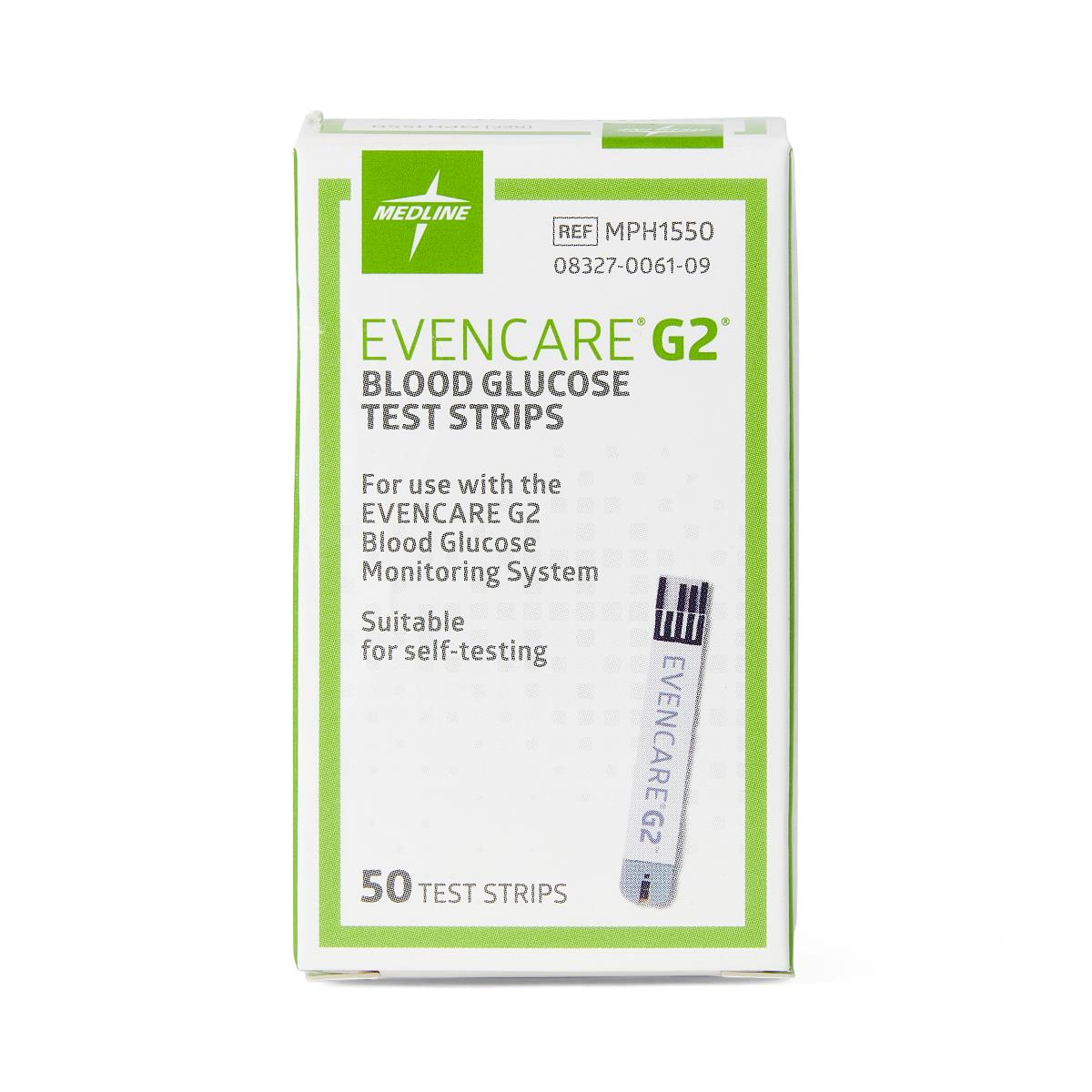 Blood glucose test strips box, Medline EvenCare G2, 50 count, white and green packaging with single strip shown