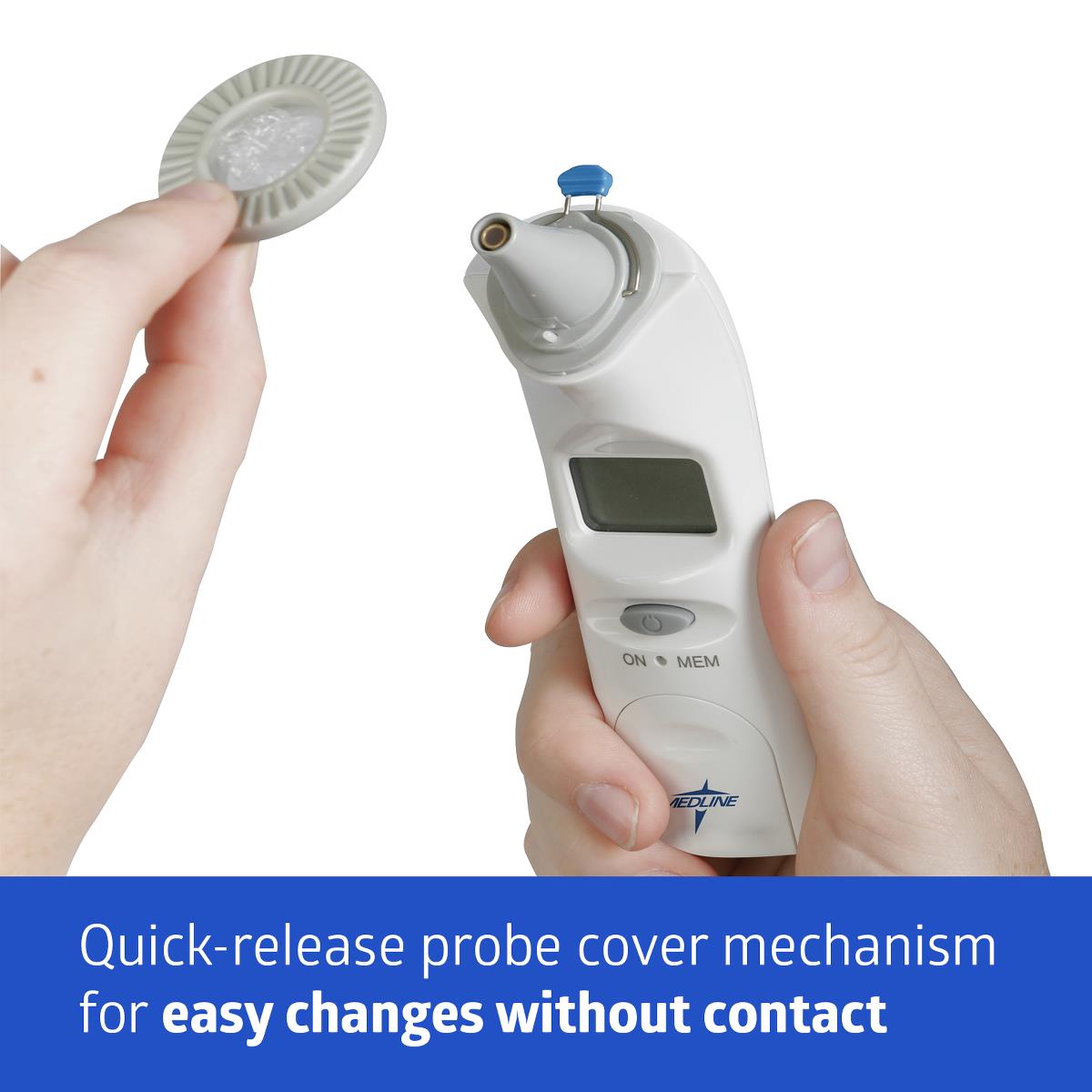 Tympanic ear thermometer held in hand while disposable probe cover is ejected, demonstrating quick-release mechanism
