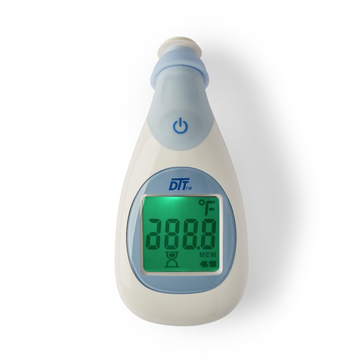 Instant read digital temple thermometer with green backlit LCD display, power button, and white and light blue body