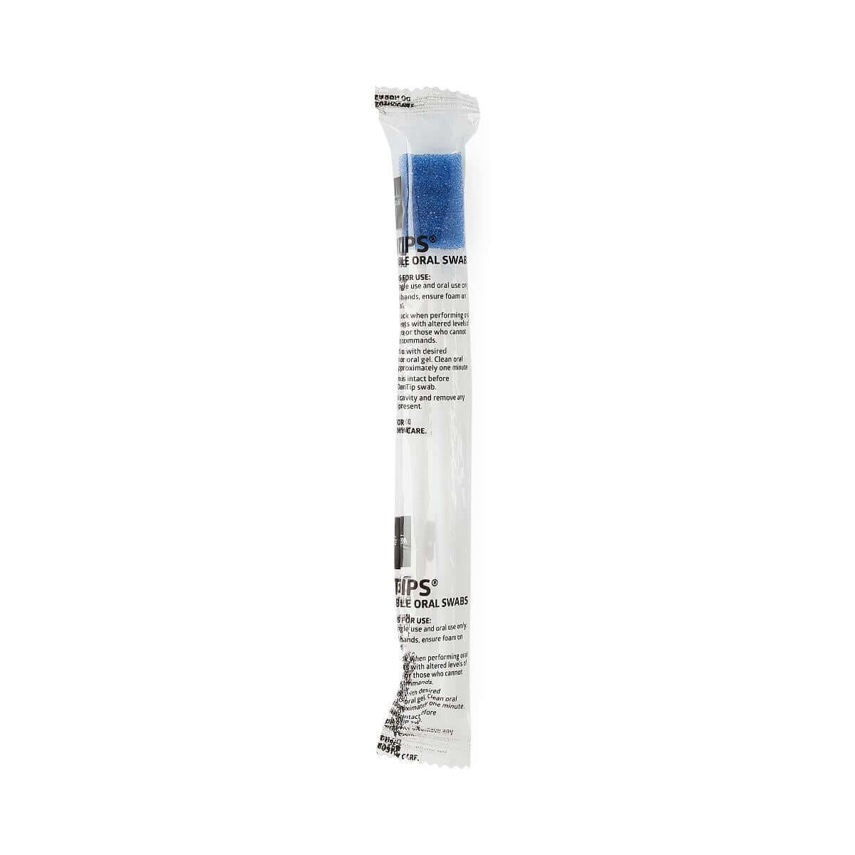 Disposable oral swab with blue foam tip, individually packaged in clear sealed wrapper with printed instructions