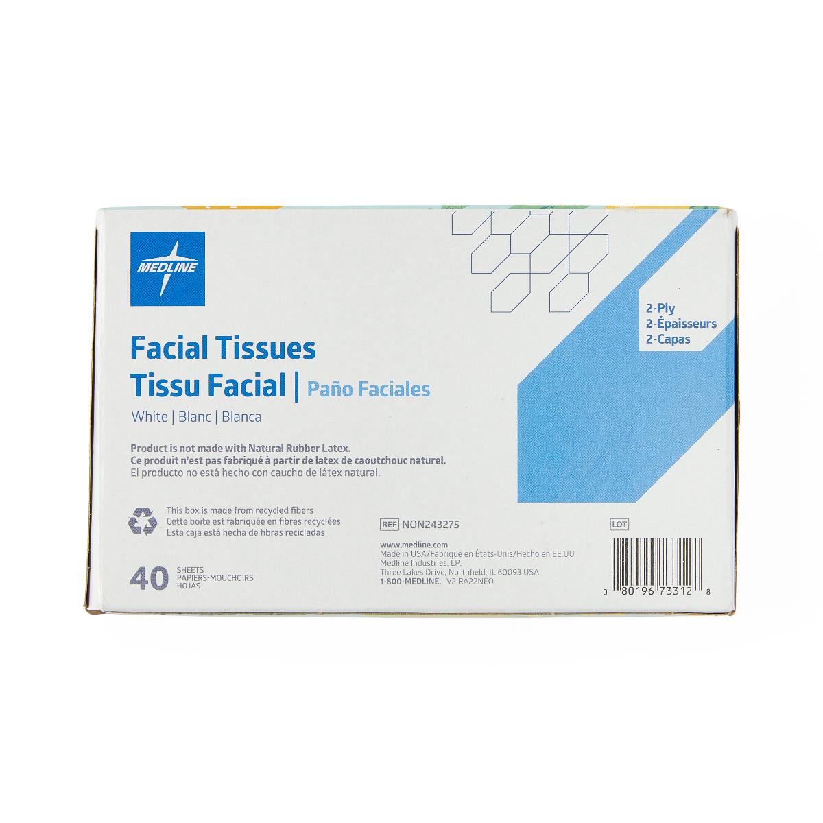 Facial tissue box with white and blue packaging, labeled 2-ply, 40 sheets, with hexagon geometric design on white background