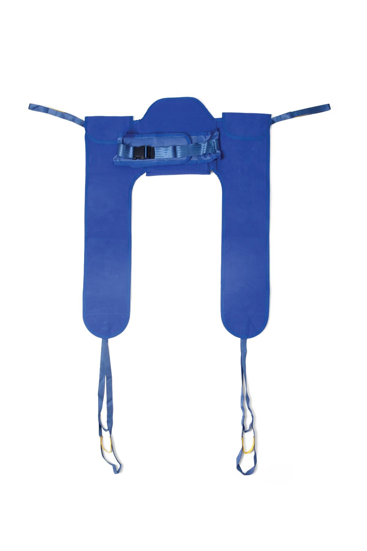 Patient lift toileting sling in blue fabric with padded leg supports, center buckle strap, and metal carabiner hooks at