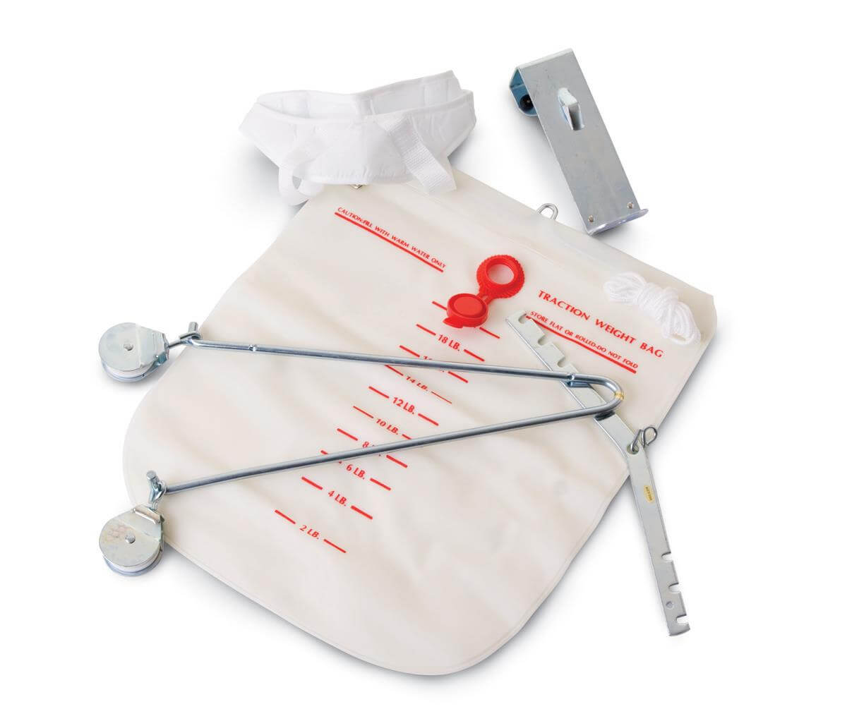 Cervical traction kit with water weight bag, spreader bar, pulleys, door bracket, and head halter on white background