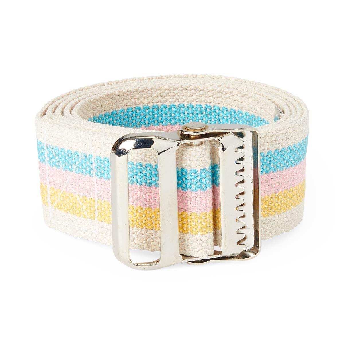 Gait transfer belt with metal buckle, coiled, featuring pastel blue, pink, and yellow stripes on a cream woven fabric