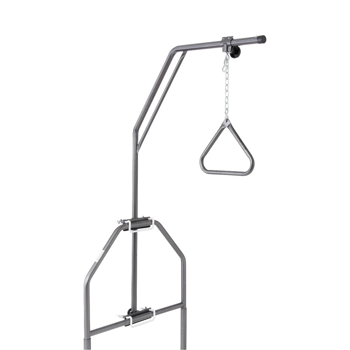Trapeze bar without base featuring a metal triangle grab handle suspended by a chain from a gray steel overhead frame