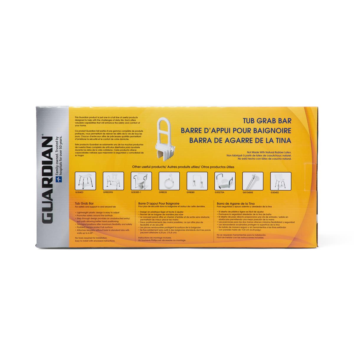 Tub grab bar in Guardian branded yellow and gray retail packaging showing product image and multilingual text