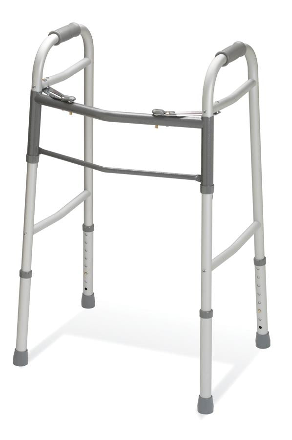 Two-button folding walker without wheels in silver aluminum with gray rubber hand grips, push-button release, and non-slip