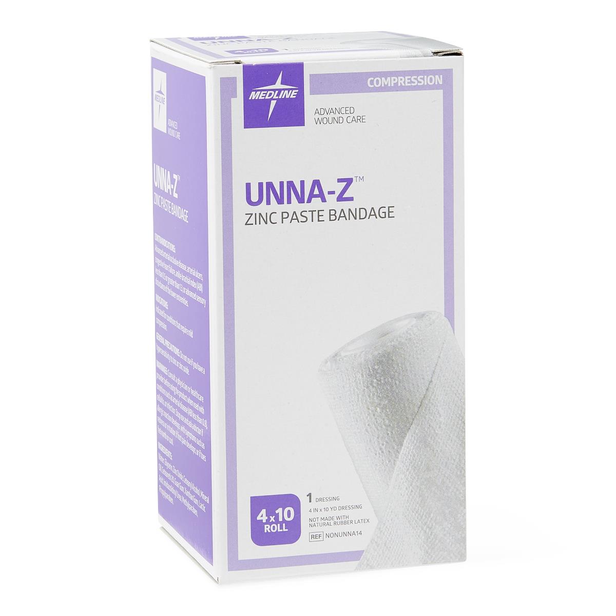 Zinc paste compression bandage in white and purple retail box with a rolled white bandage visible on the front panel