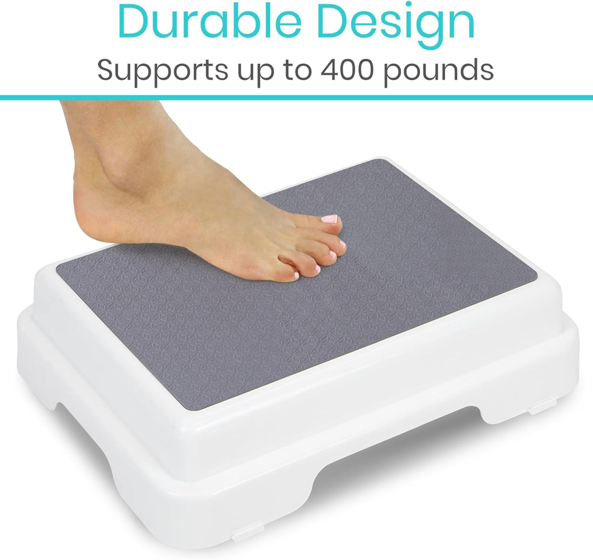 Step stool with white plastic base and gray non-slip textured surface, shown with a bare foot stepping on top