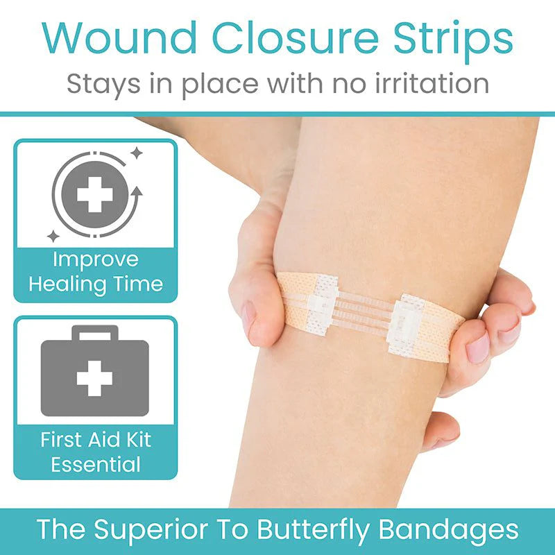 Wound closure strips applied to a person's forearm, shown close up against white background with feature callout graphics