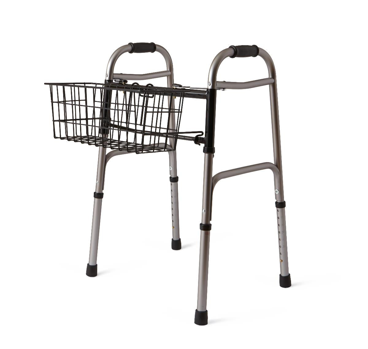 Walker basket with black wire construction mounted to a silver folding walker with black hand grips and rubber feet tips