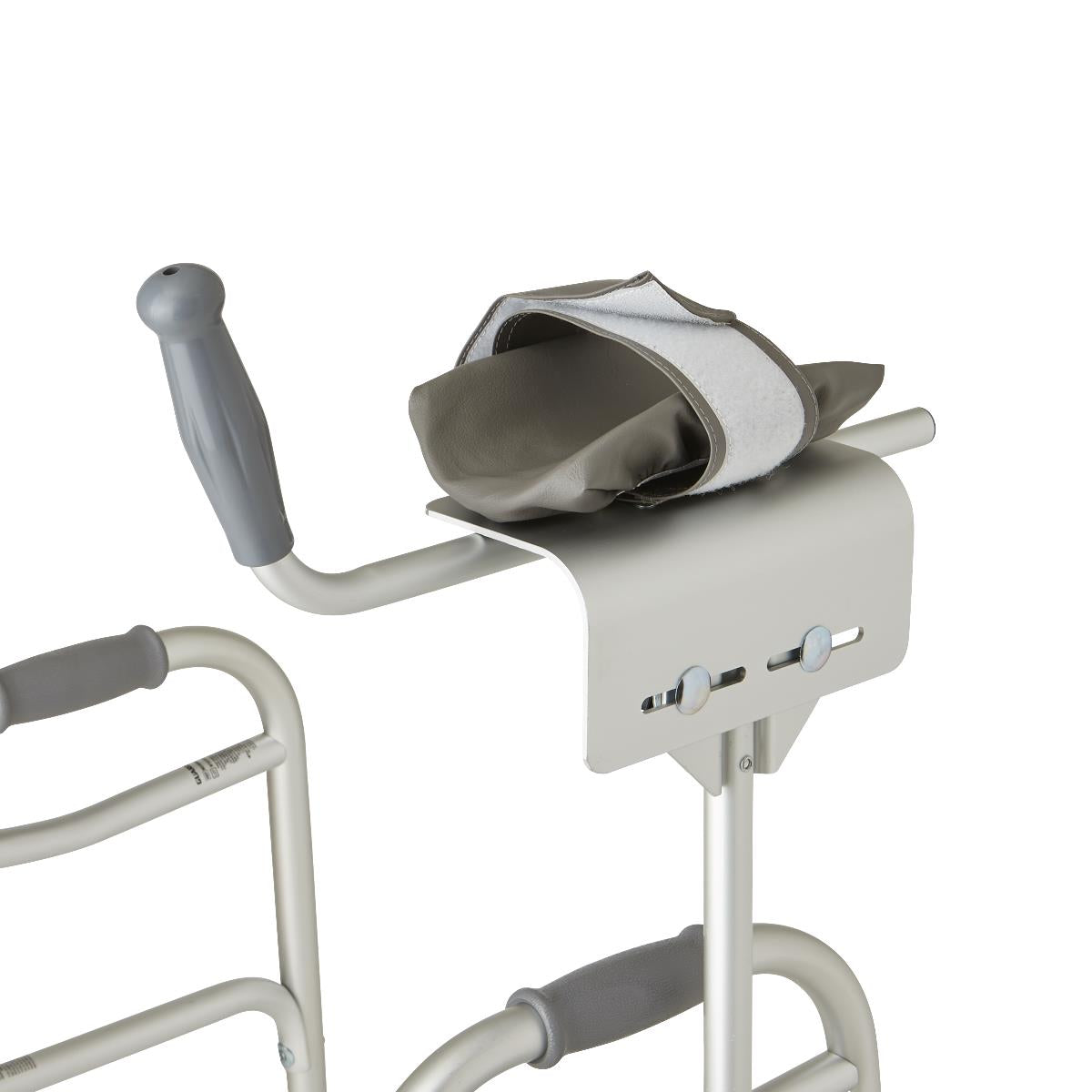 Walker platform attachment with padded forearm trough and grip handle mounted to a gray walker frame