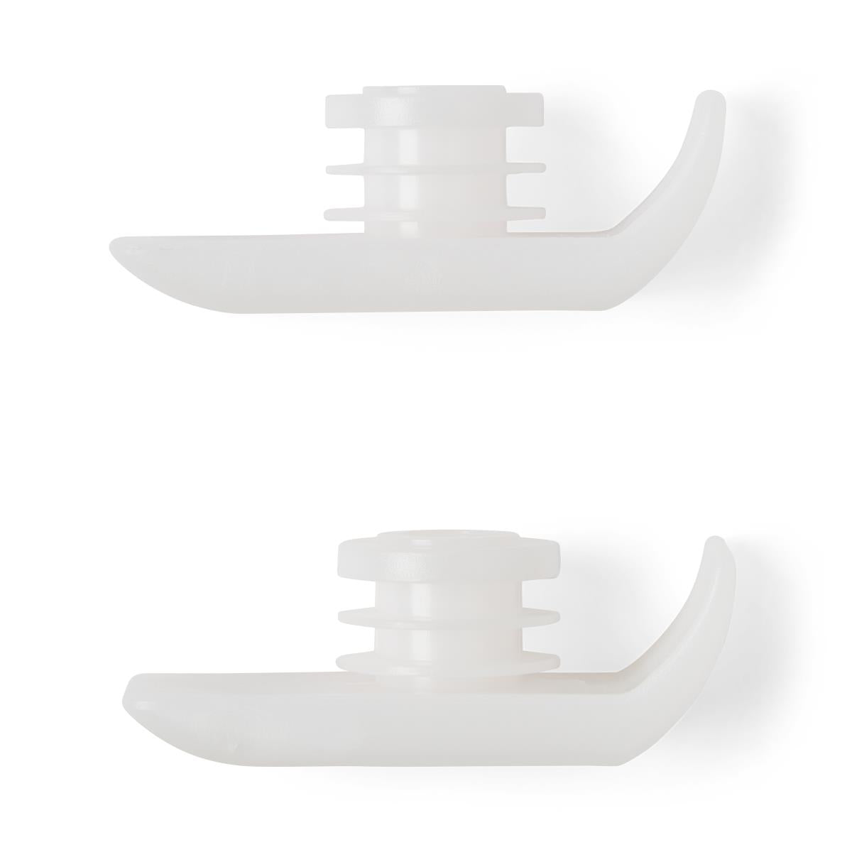 Walker ski gliders, pair of clear plastic curved glide attachments with ribbed connector stems, shown on white background