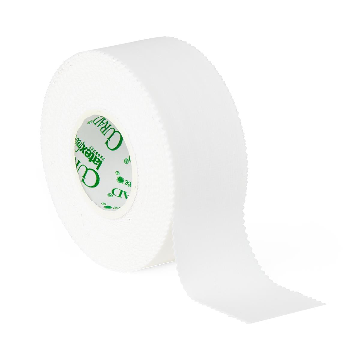 Roll of white waterproof surgical tape with serrated edges and a green and white Curad latex-free label on the inner core