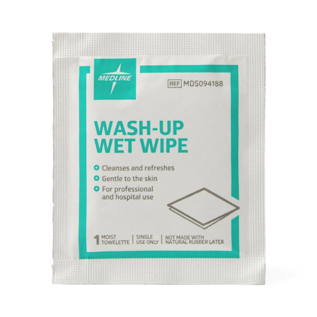 Wash-up wet wipe single-use packet with white and teal packaging, labeled as one moist towelette, latex-free
